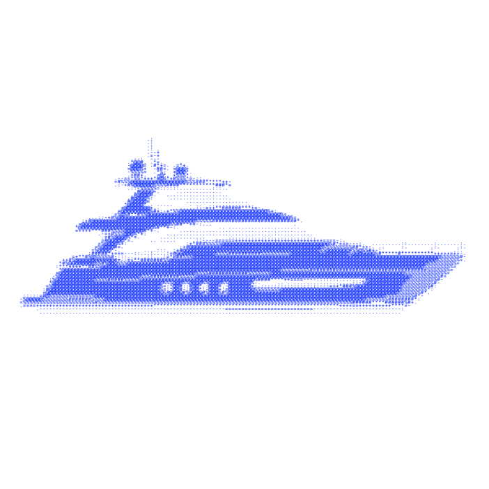 A luxury yacht rendered in a dotted blue style, representing high-value real estate and luxury assets