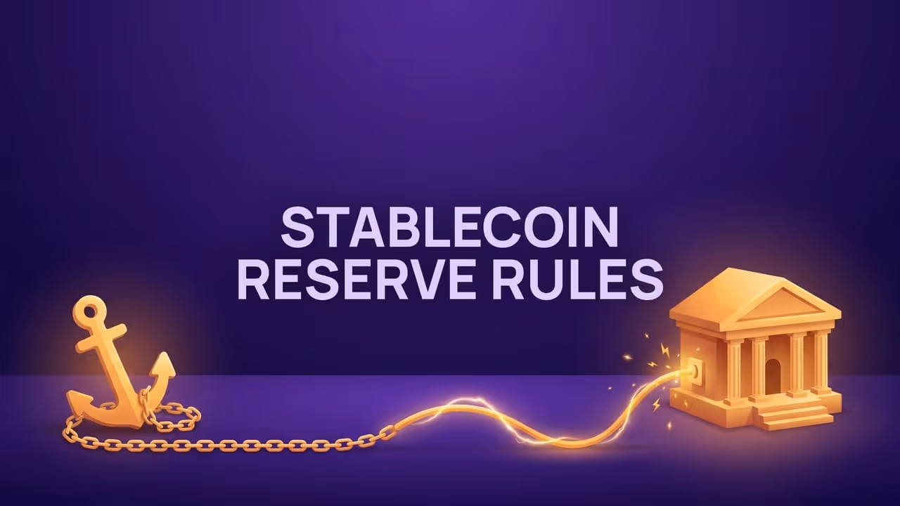 Stablecoin reserve rules - an anchor chained to a bank, the chain turning into a live cable that sparks into the bank