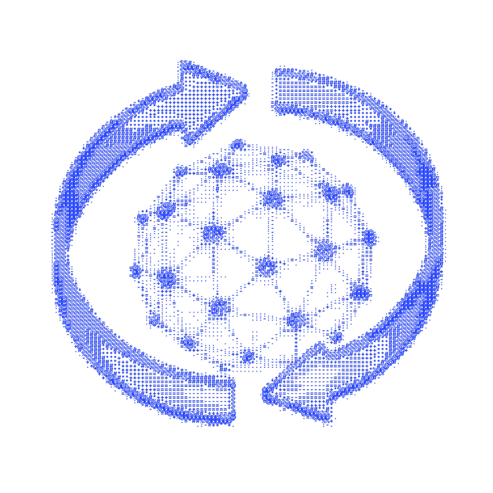 A globe with two circular arrows in a dotted blue style, representing global trade flows