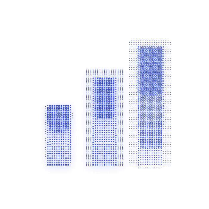 Three ascending bar chart columns in a dotted blue style, representing portfolio growth