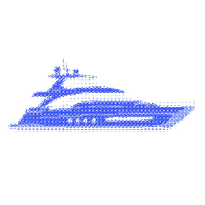 A luxury yacht rendered in a dotted blue style, representing high-value real estate and luxury assets